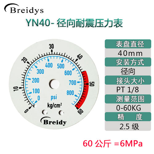 压力表YN40不锈钢耐震压力表测水压A气压通用0-1.6/100mpa多量程
