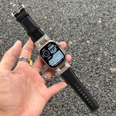 适用AppleWatchUltra3表带AppleWatch11疯马纹真皮iWatch11金属机能皮苹果S10手表带iWatchS98商务时尚皮腕带
