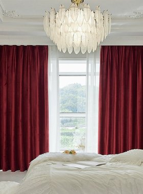 2021年新款加厚双面麻简约纯色布拼接成品窗帘全遮光卧室奢华红色
