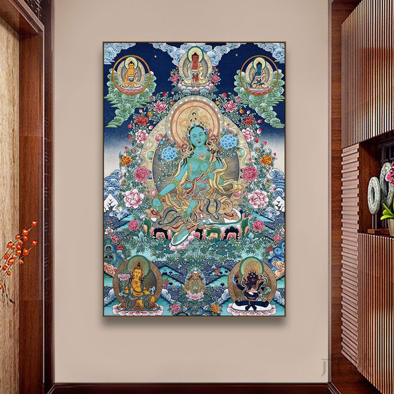 绿度母唐卡菩萨画热贡手绘复刻玄关客厅沙发背景墙装饰画书房挂画
