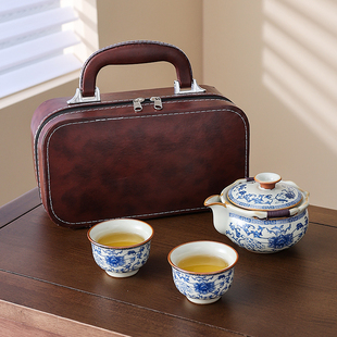 彦淳汝窑缠枝莲旅行快客杯泡茶壶一壶两杯便携小陶瓷茶杯茶壶