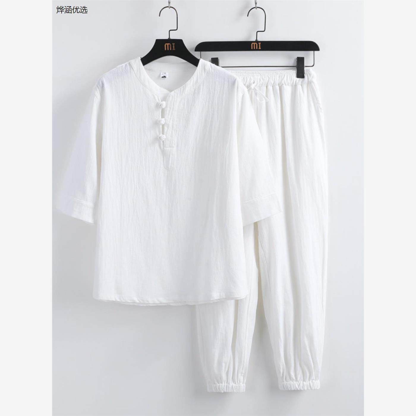 春夏季新款海青居士男女套装打坐白色棉麻道服佛系禅修服大码禅意