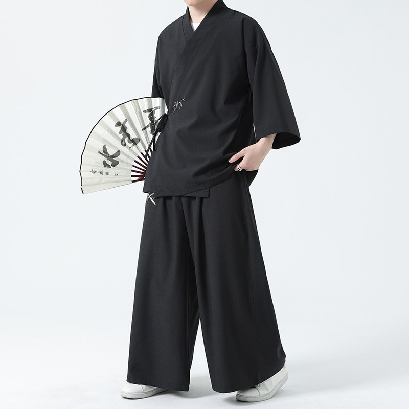 仙气交领汉服道袍男七分袖中国风套装刺绣y领右衽披风冰丝居士
