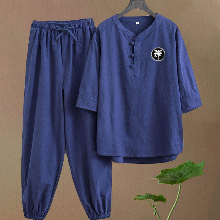 佛系禅意居士服汉服夏中式套装亚麻道家服装男女打坐修行唐装茶服
