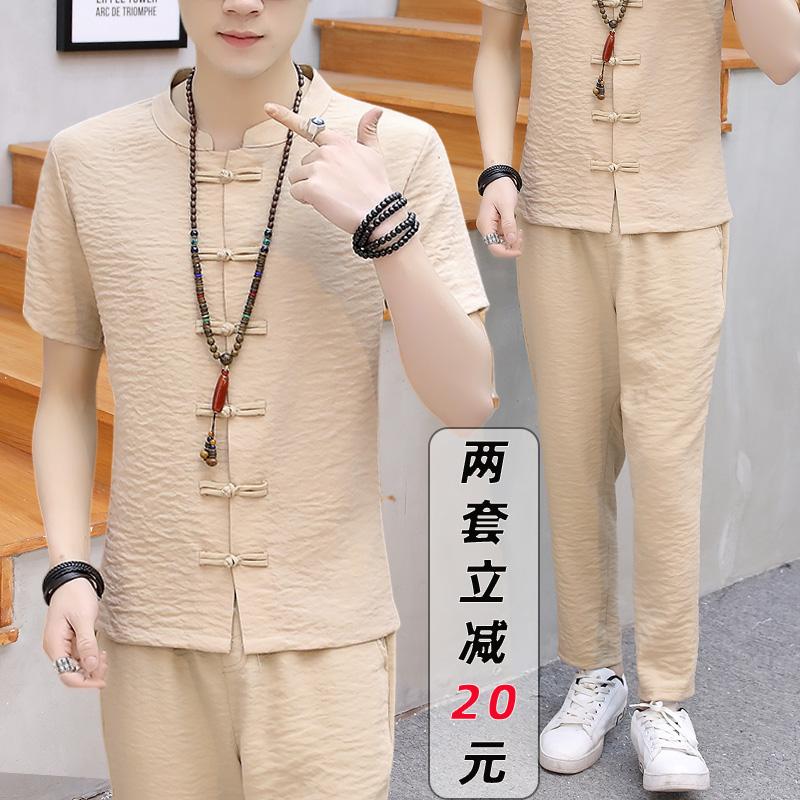 唐装男夏季冰丝套士复古
