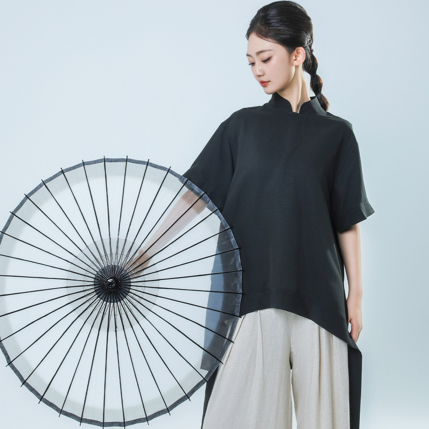 青蝶舞旗袍领现代舞中式衬衫舞蹈服宽松飘逸短袖上衣练功服新中式图片