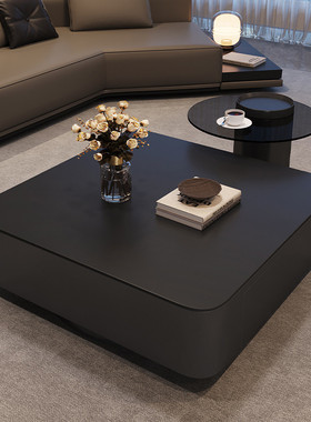 Tal意式轻奢方形岩板茶几小户型高级感家用客厅茶台黑色极简玻璃