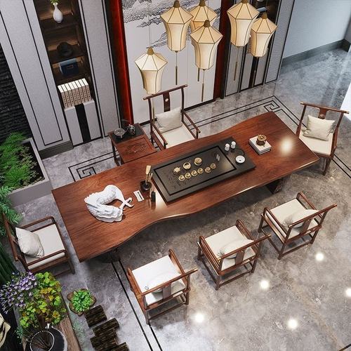 新中式实木茶桌简约大板茶台家用原木茶几办公室泡茶会客茶桌组合