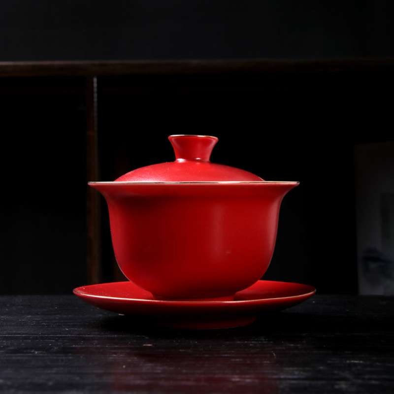 复古宫墙红三才盖碗锔钉敬茶杯结婚陪嫁茶具婚礼改口对杯婚庆用品