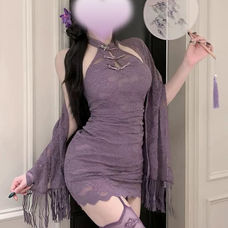 情趣内衣性感紫色新中式旗袍复古