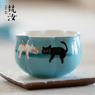粉引手绘猫咪主人杯花口茶杯高端品茗杯功夫茶具女士专用杯 梵汝