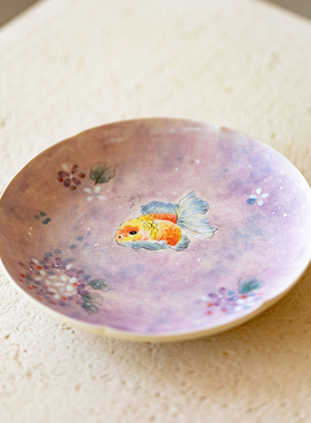 梵汝 高端粉彩手绘胖头鱼壶承高颜值手工梦幻紫色干泡盘日式壶托