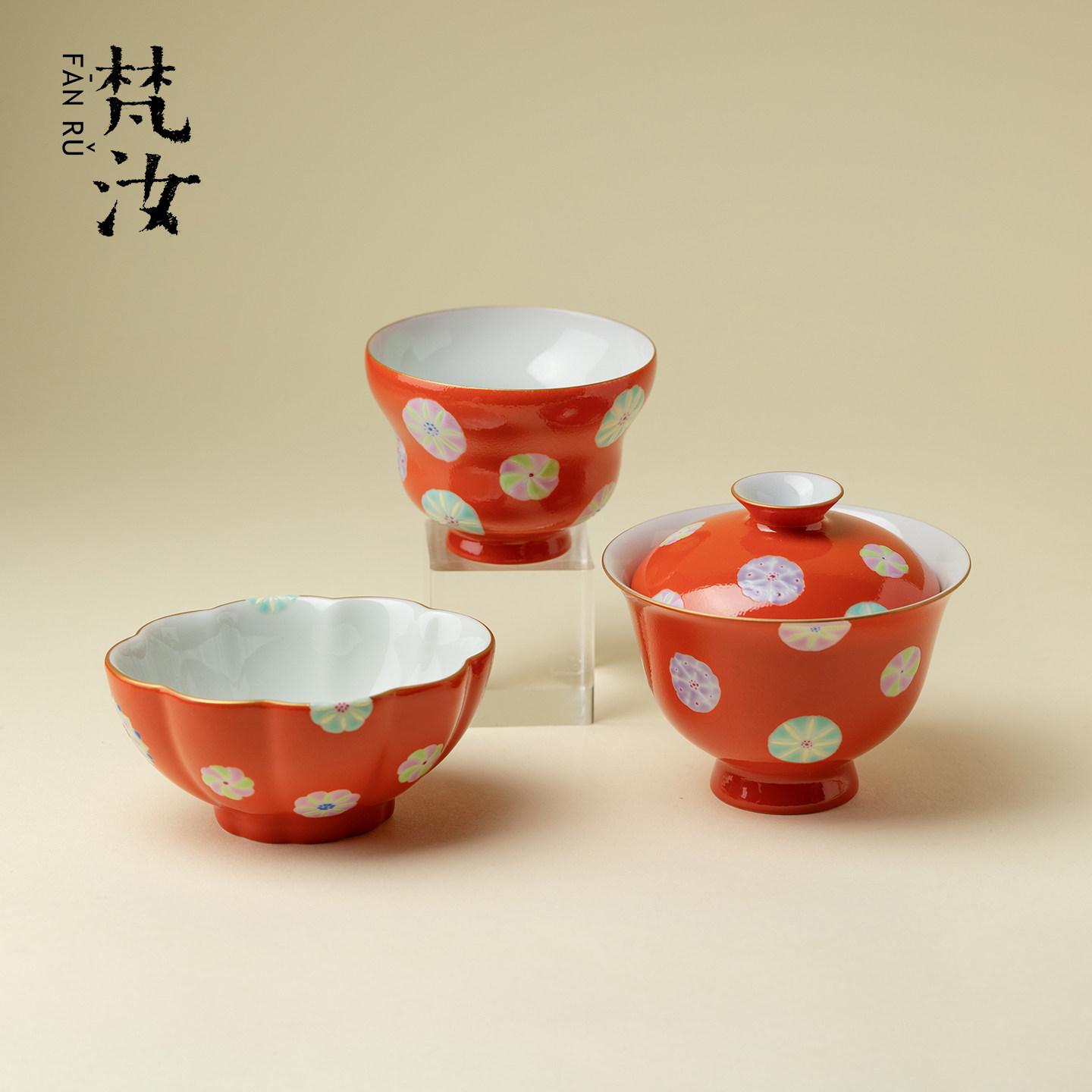雅同集 红地粉彩手绘皮球花盖碗茶杯景德镇高端全手工主人杯茶具
