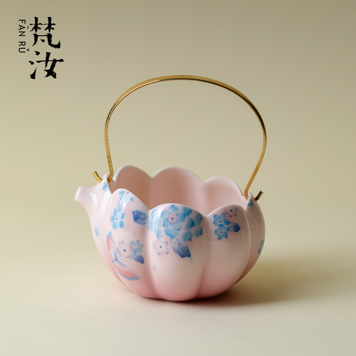 梵汝纯手绘蝶恋花提梁公道杯高颜值釉下彩仙女分茶器茶海匀杯茶具