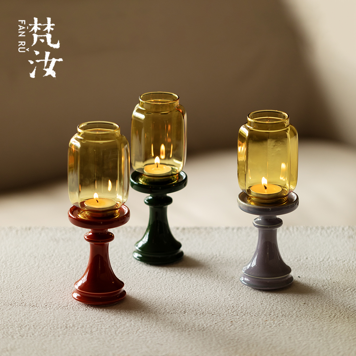 梵汝 明清玻璃烛台故宫红新中式家用复古礼佛蜡烛底座摆件氛围灯