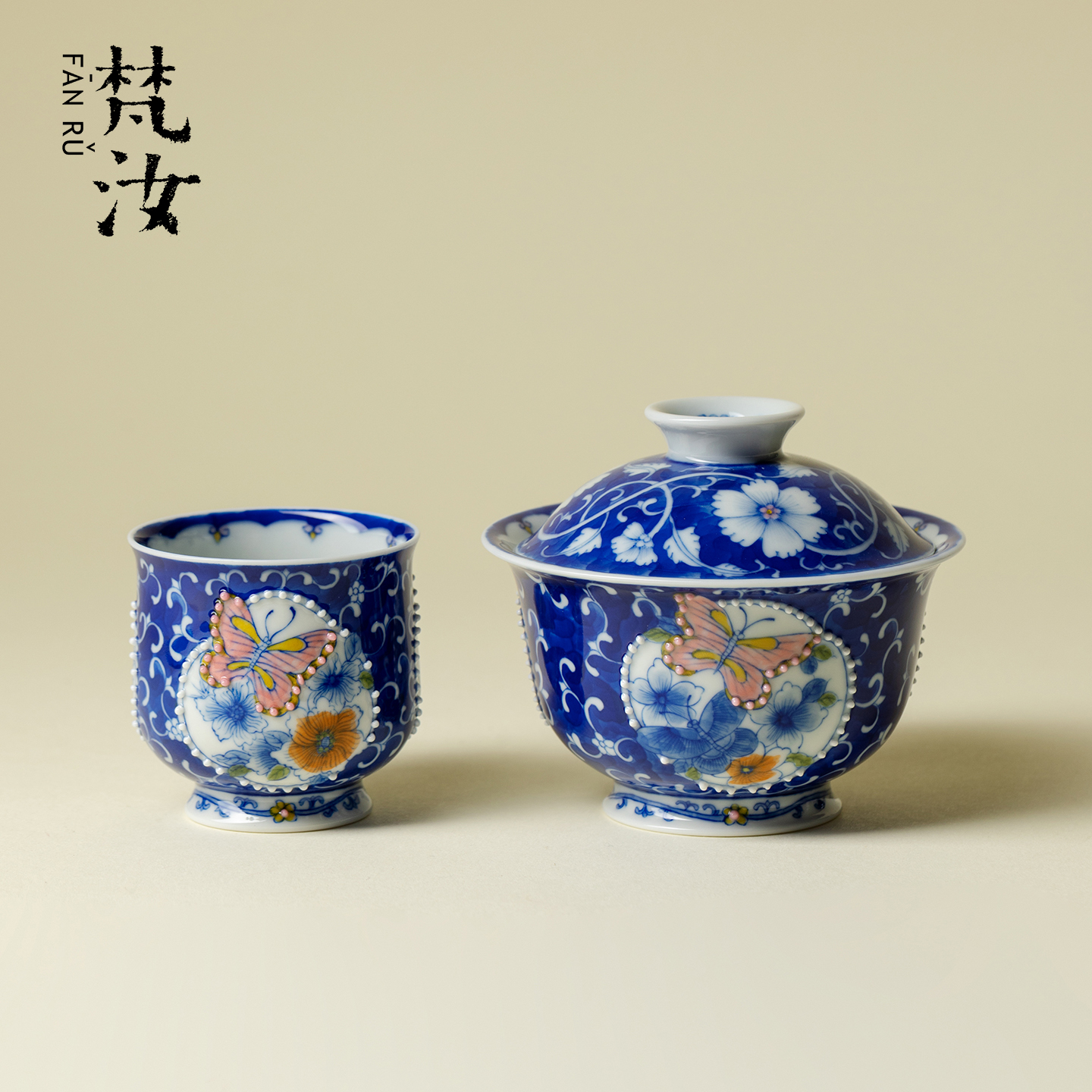 梵汝 青花开窗手绘盖碗高端陶瓷景德镇釉下彩手工泡茶沏茶碗薄胎