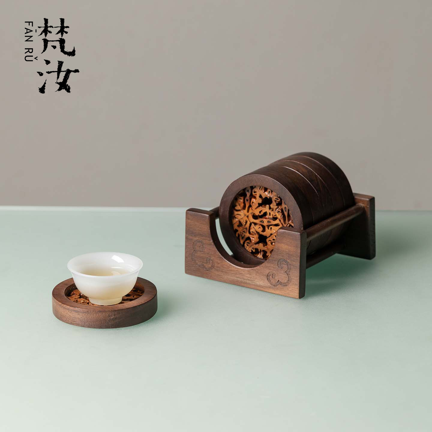 梵汝天然黑胡桃木杯垫实木茶垫茶杯垫茶道功夫创意云韵圆形茶垫托