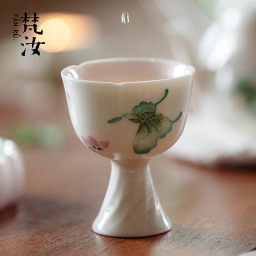 梵汝景德镇手绘蝴蝶茶杯女士高档主人杯高足花口杯品茗杯功夫茶具