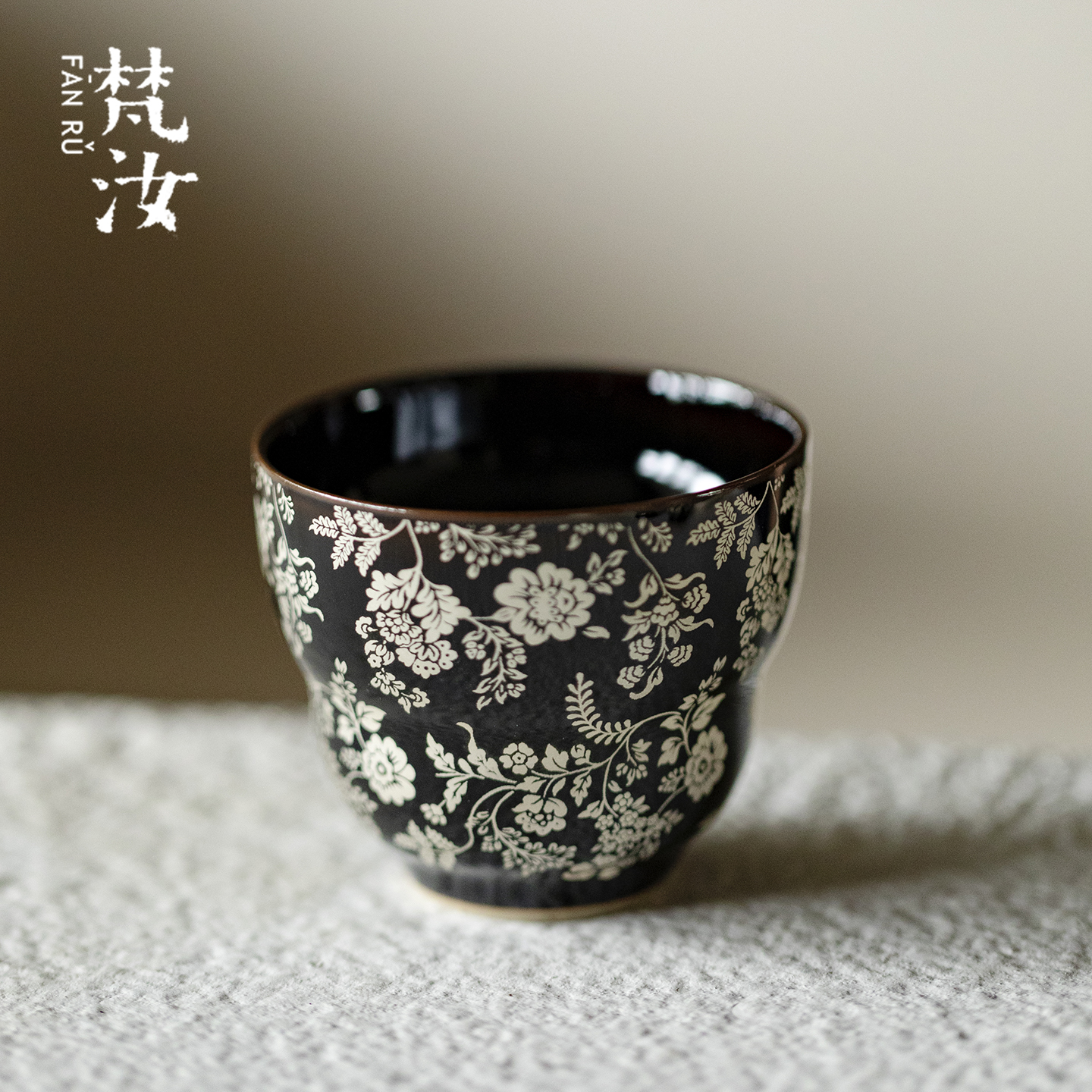 梵汝墨染万花葫芦杯高档银彩缠枝莲茶杯景德镇主人杯黑金釉品茗杯