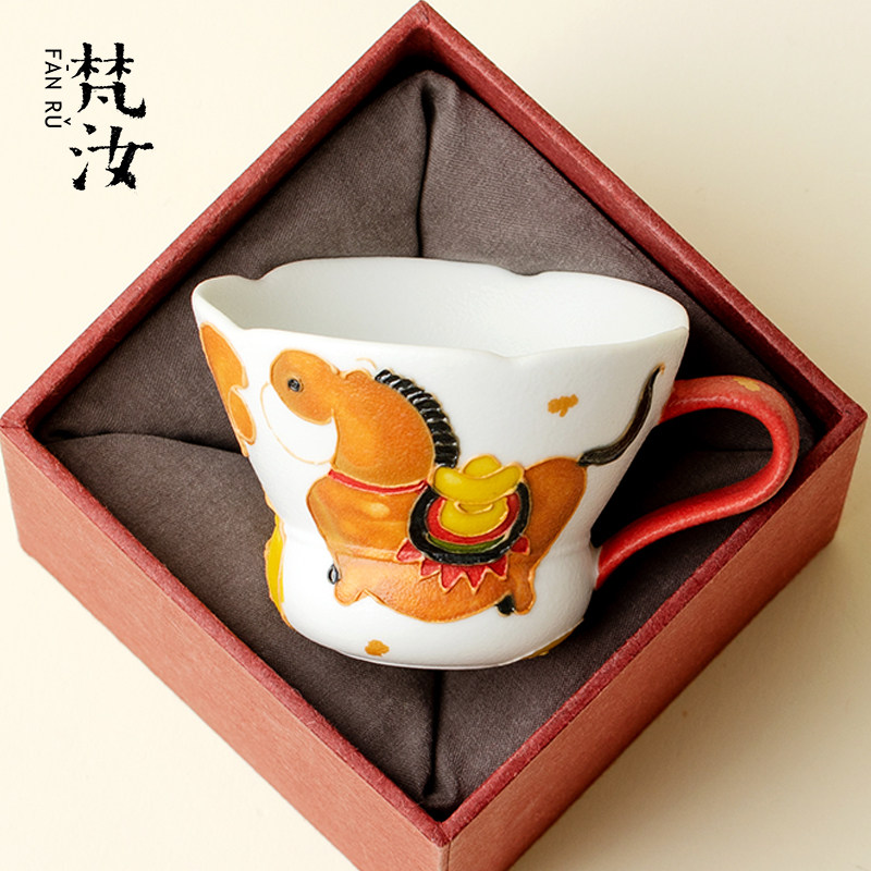 梵汝手绘马上有钱主人杯陶瓷茶杯中式粉彩品茗杯单杯家用功夫茶具,餐饮具,茶杯,淘宝优惠券,粉丝福利购,淘宝优惠卷