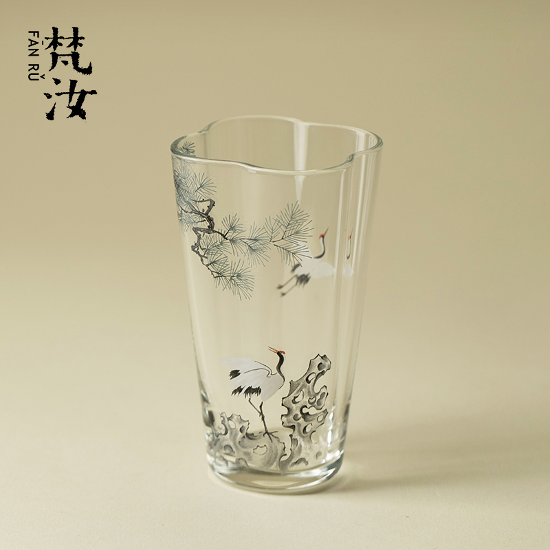 梵汝墨彩松鹤玻璃花口茶杯透明品茗杯新中式主人杯功夫茶具主人杯