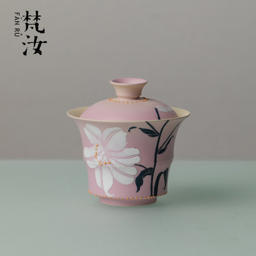 梵汝陶瓷手绘二才竹节盖碗