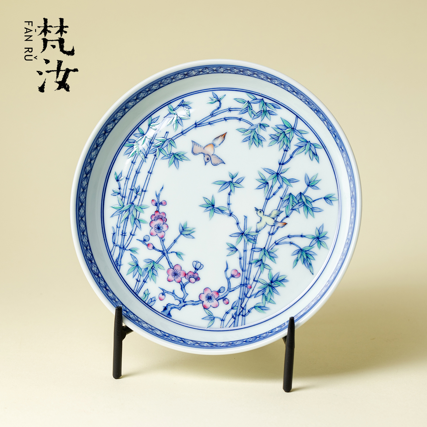 卓君 青花手绘竹雀壶承景德镇手工陶瓷干泡茶盘高端茶具茶壶托盘