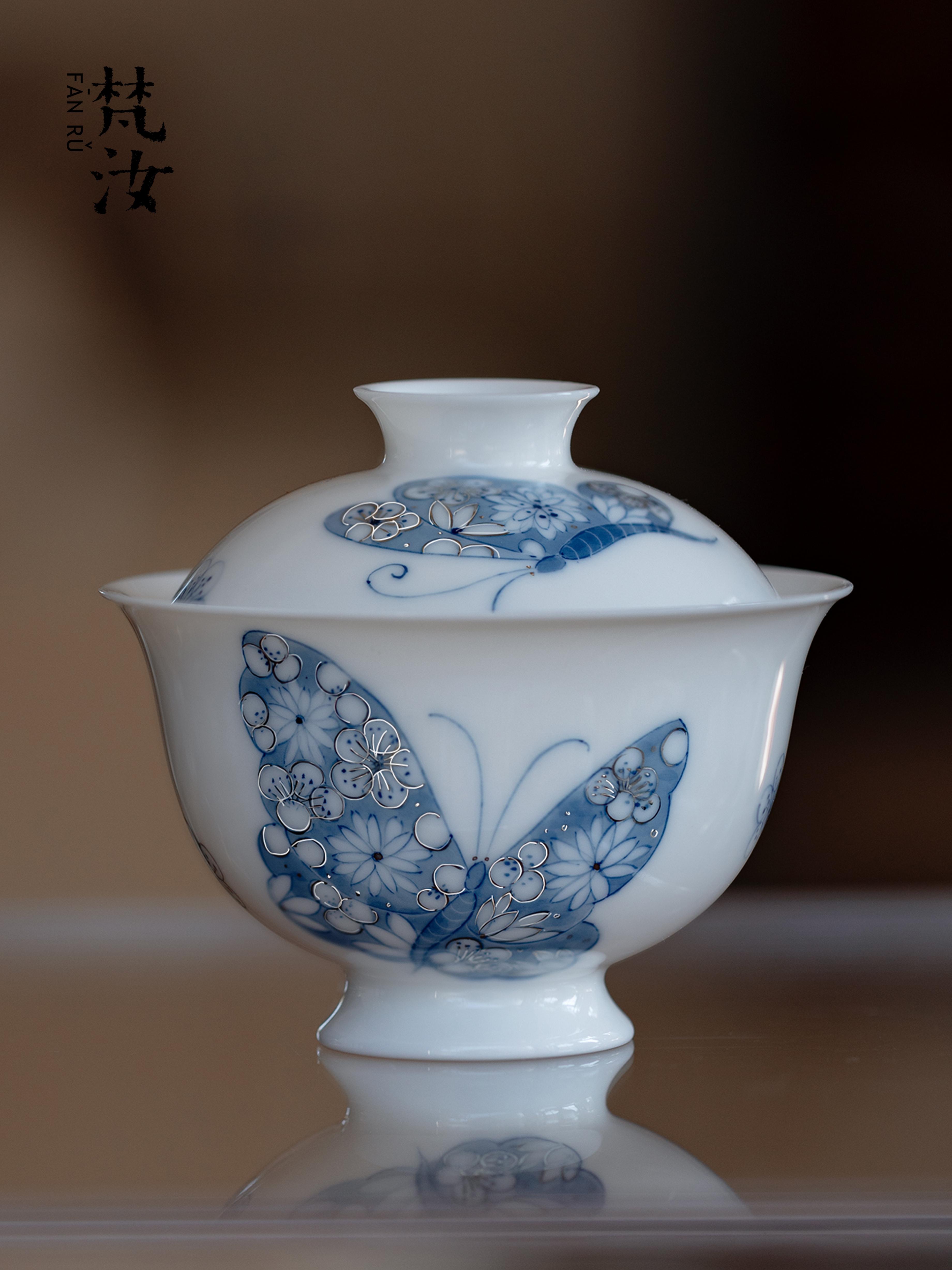 梵汝 景德镇青花手绘描金蝴蝶盖碗高颜值薄胎两才泡茶碗功夫茶具