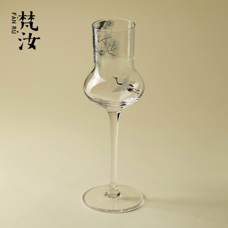 梵汝墨彩松鹤玻璃高脚茶杯新中式高足主人杯品鉴杯功夫茶具品茗杯