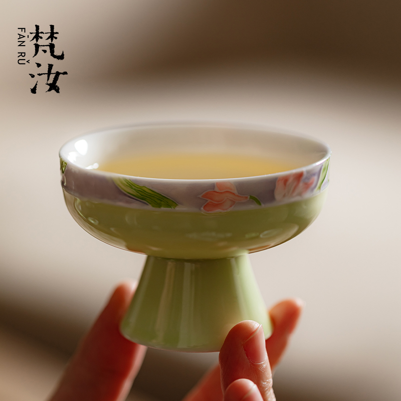 梵汝手绘高足主人杯功夫茶具单杯陶瓷品茗杯家用茶盏女士喝茶茶杯