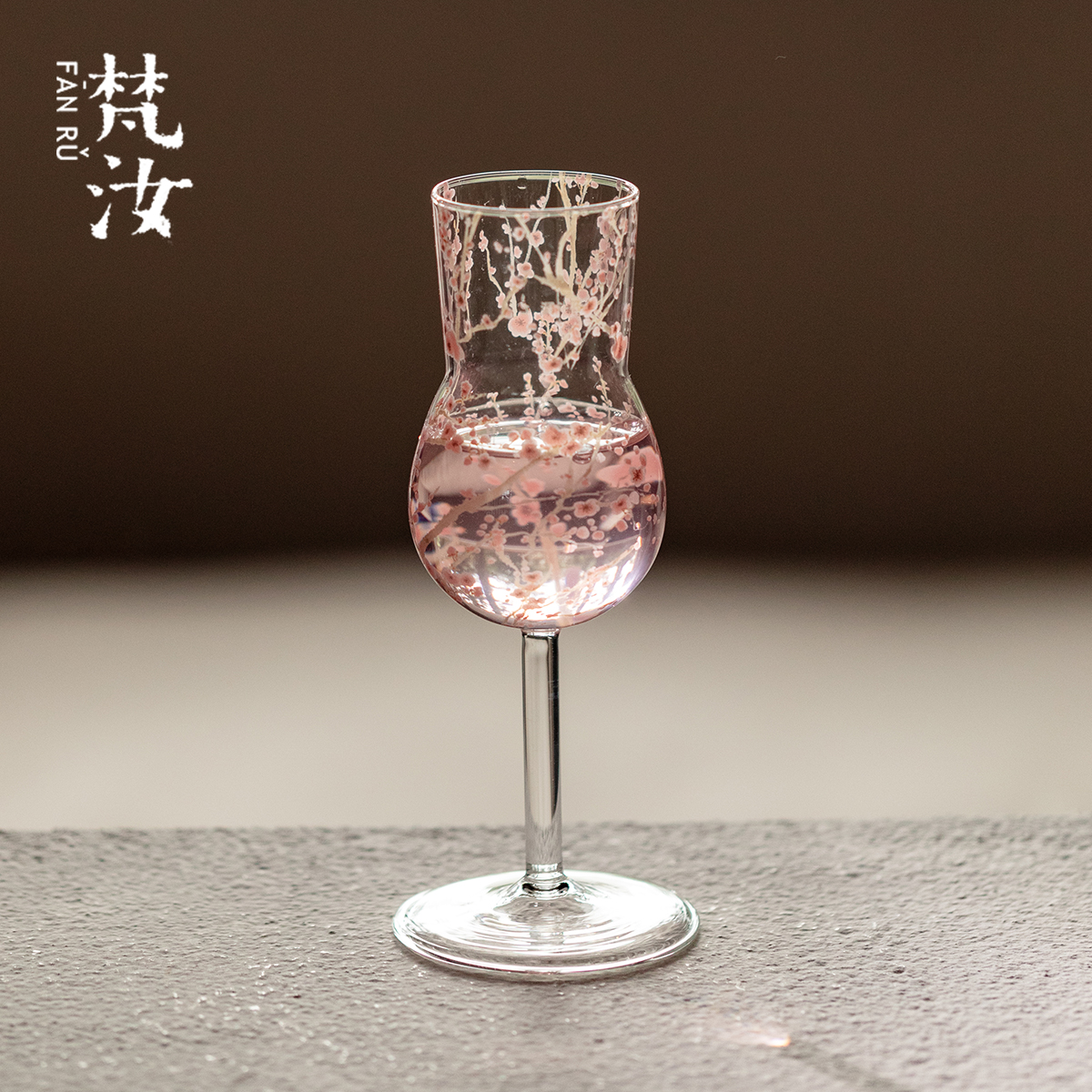 梵汝粉彩梅暄玻璃高脚品鉴杯原创日式高硼硅主人杯闻香杯茶具茶杯
