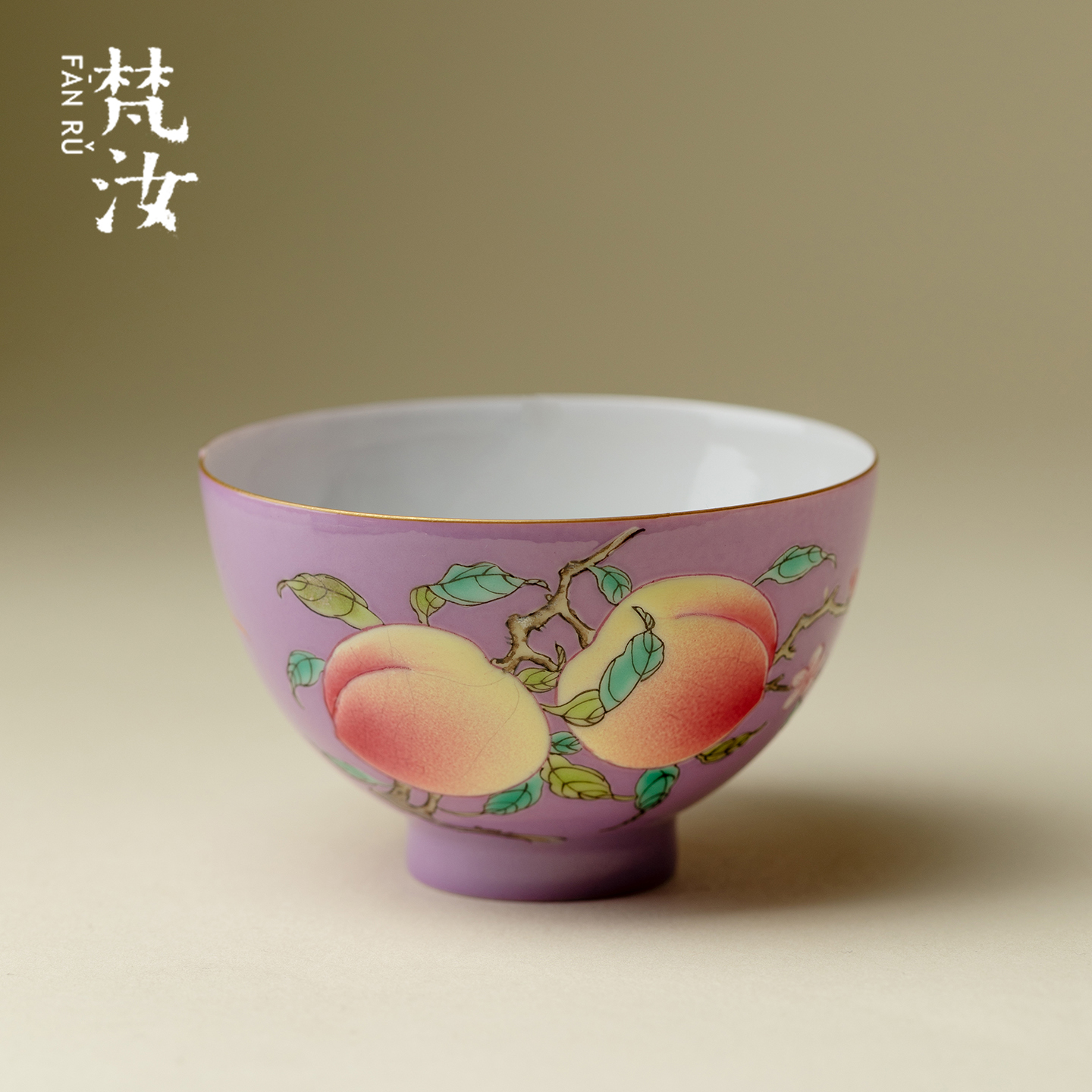 雅同集紫地粉彩手绘两桃鸡心杯景德镇高端陶瓷茶杯仙女茶器主人杯