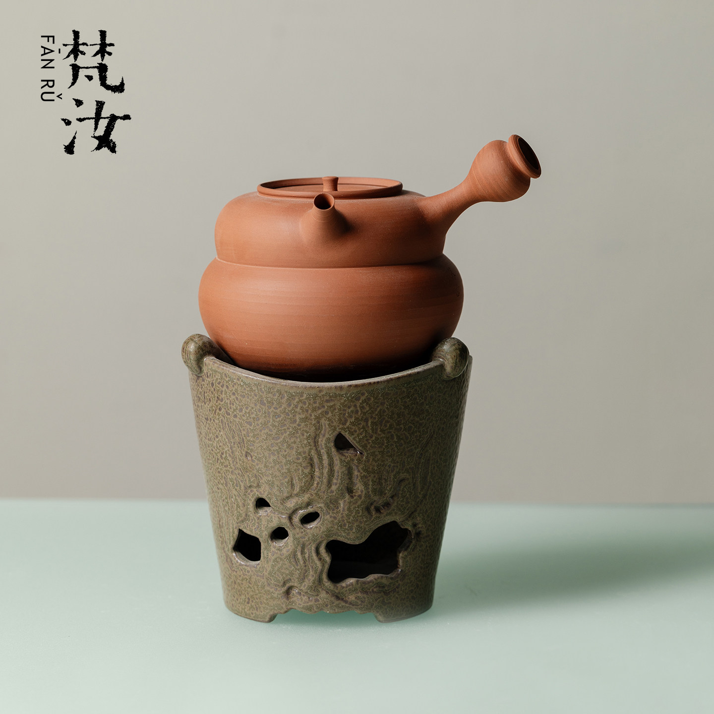 梵汝砂铫葫芦侧把煮茶壶潮州朱泥紫砂跳盖手拉壶酒精灯烧水小风炉