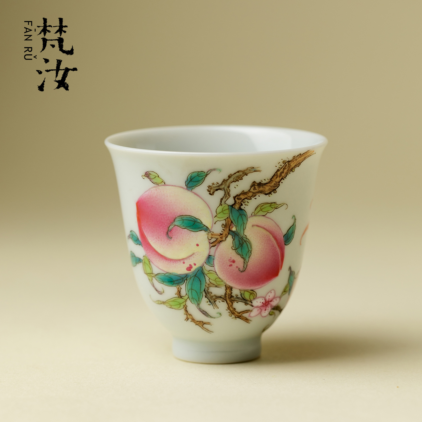 雅同集高端粉彩手绘两桃铃铛杯景德镇高端陶瓷手工茶杯喇叭杯茶具