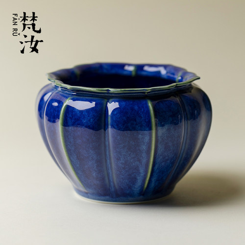 梵汝原矿洒蓝釉葵口建水茶渣缸