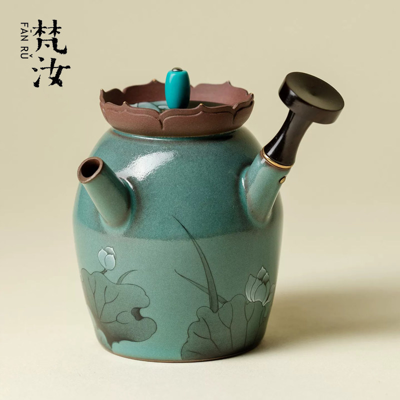 三秋月 创意手绘荷塘月色侧把壶景德镇精工陶瓷茶壶高端功夫茶具