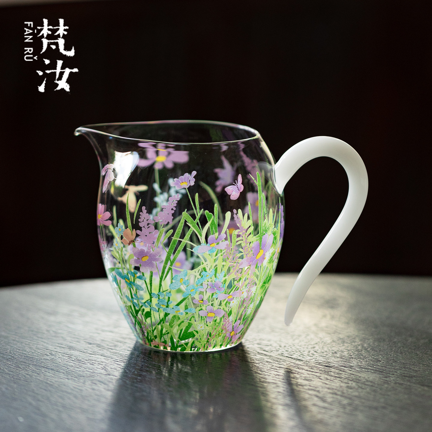梵汝 精致玻璃粉彩漫花花涧公道杯高硼硅透明茶海功夫茶具分茶器