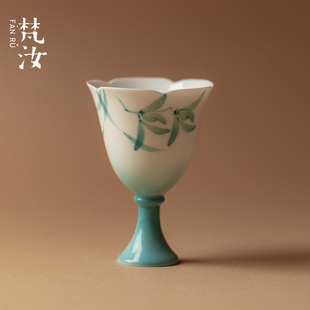 梵汝精致手绘高足花口杯高颜值单杯女主人杯青花陶瓷高级感品茗杯