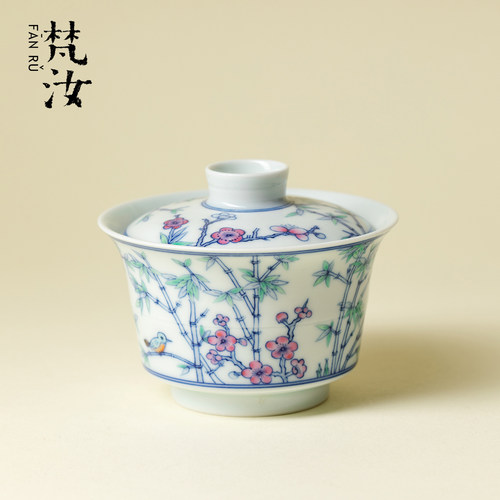 卓君 青花手绘竹雀盖碗景德镇手工陶瓷撇口泡茶碗高端不烫手茶具