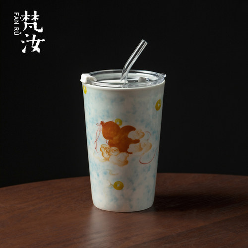 梵汝女生精致陶瓷水杯釉下彩手绘福禄双全直饮杯办公室户外吸管杯