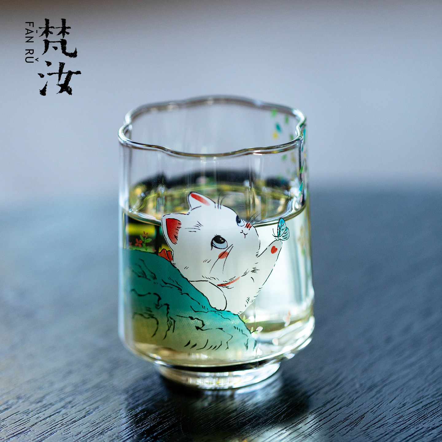 梵汝创意猫语絮芳玻璃海棠花口茶杯甜美可爱品茗杯透明茶具主人杯图片