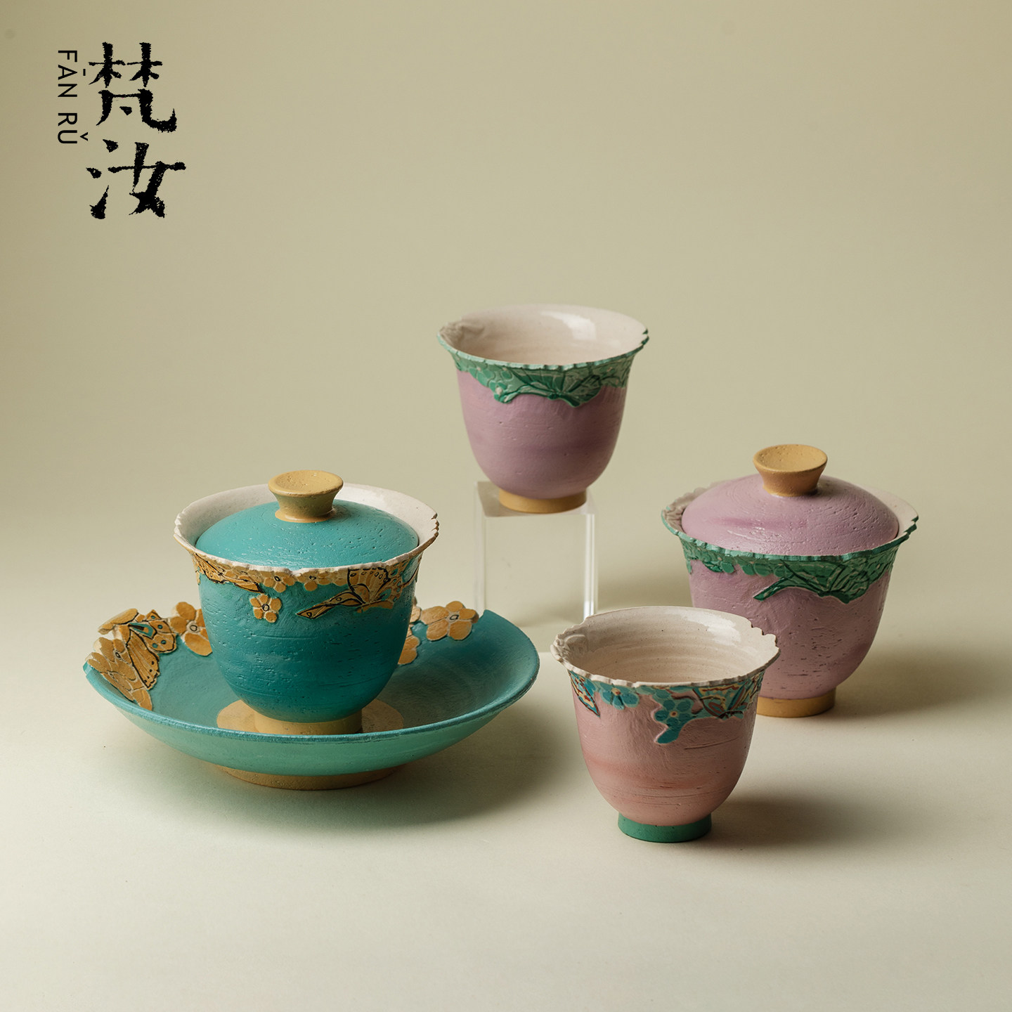 山几由 大漆手绘功夫茶具景德镇手工雕刻花口盖碗茶杯壶承干泡盘