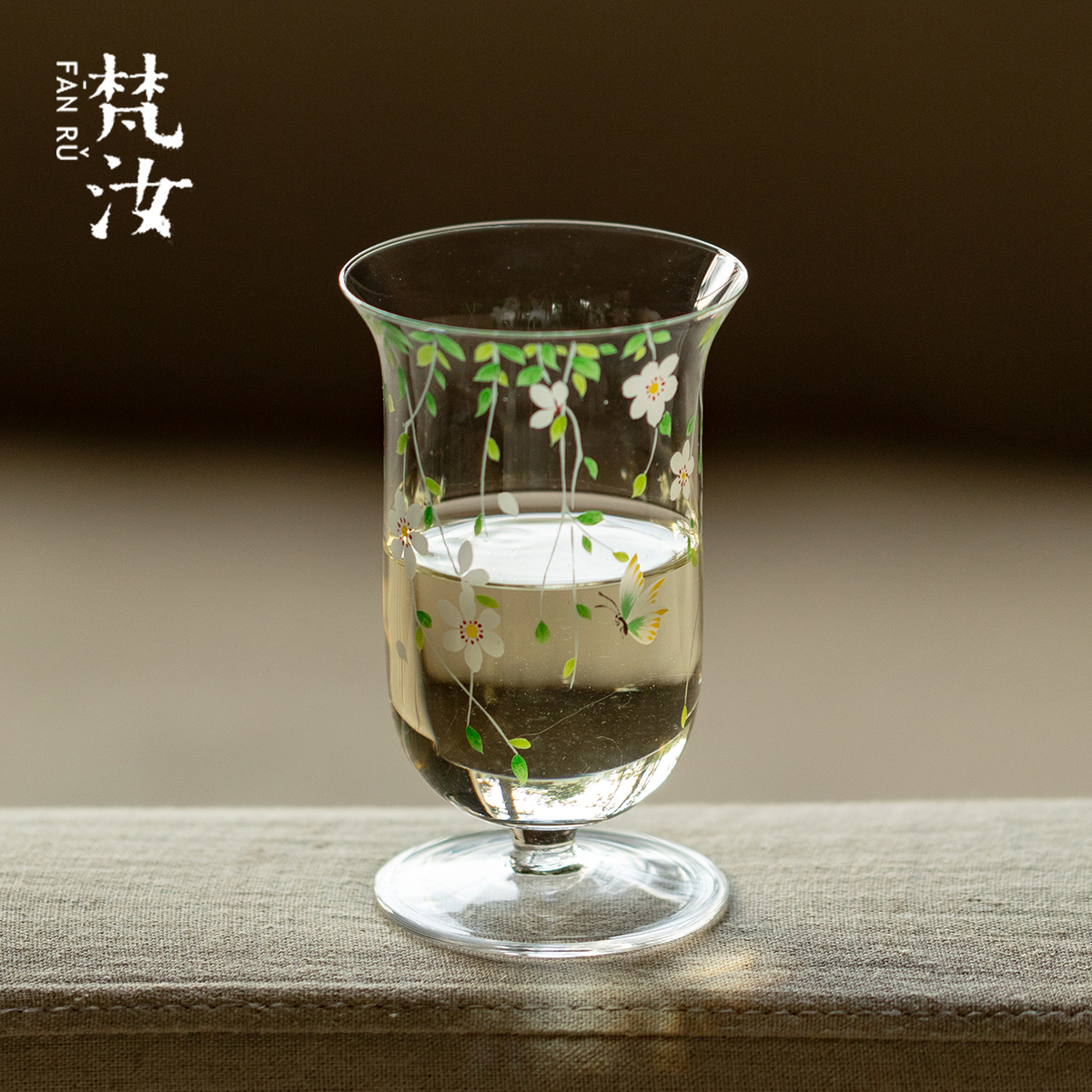 梵汝 春语花草玻璃高脚杯绿茶品鉴杯高硼硅功夫茶具品茗杯主人杯