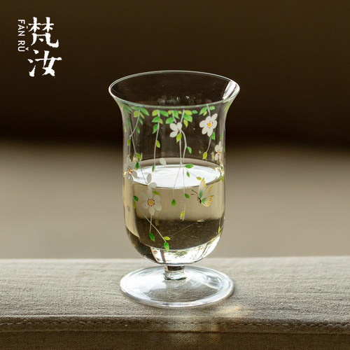 梵汝 春语花草玻璃高脚杯绿茶品鉴杯高硼硅功夫茶具品茗杯主人杯