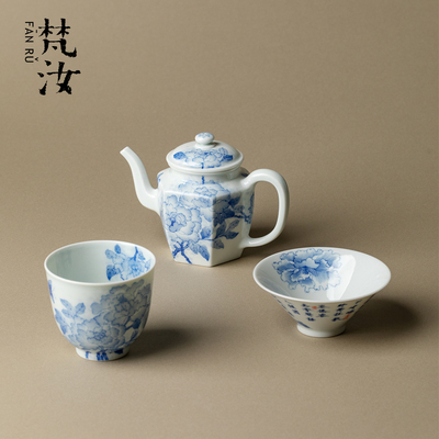 青堂造物 景德镇青花手绘牡丹花六方茶壶茶杯主人杯高端陶瓷茶具