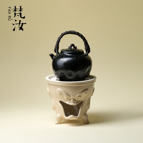 梵汝 诧寂黑粗陶藤编松研提梁煮茶壶炭炉套装陶艺煮茶壶复古茶具