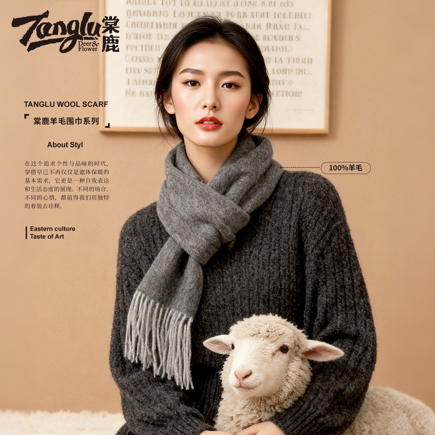 100%纯羊毛围巾女士冬季新款黑灰色围脖加厚保暖韩版百搭双面围巾