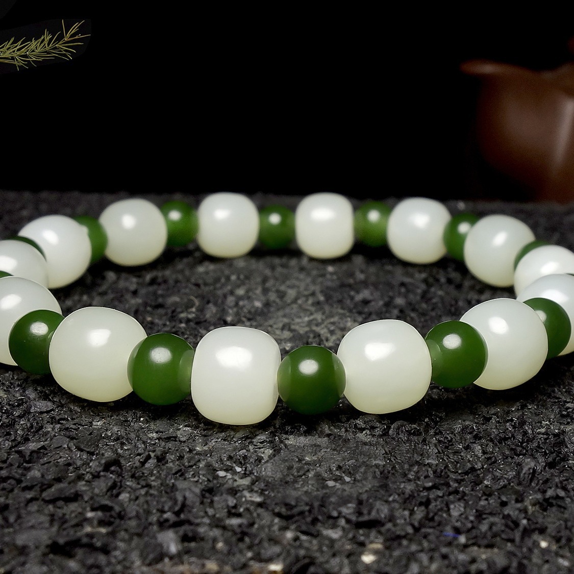 新疆和田玉手链男女款和田玉白玉老型珠碧玉圆珠手串配证