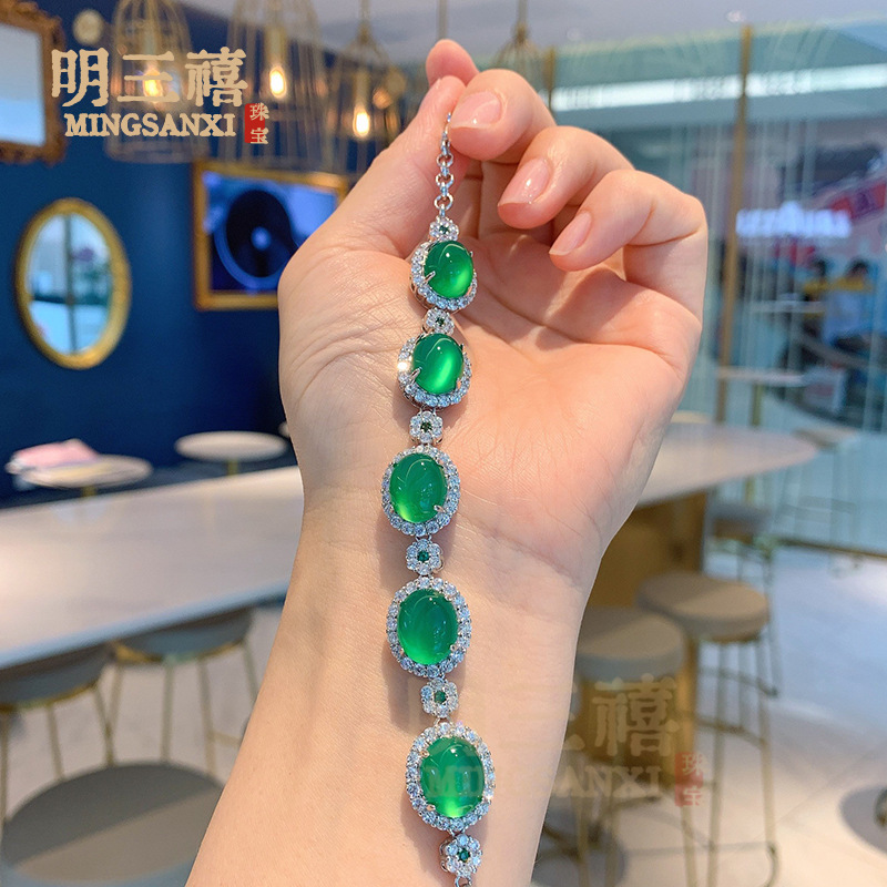 绿玉髓翡翠绿起荧光手链圆形满钻精致玉石饰品手链女生日礼物