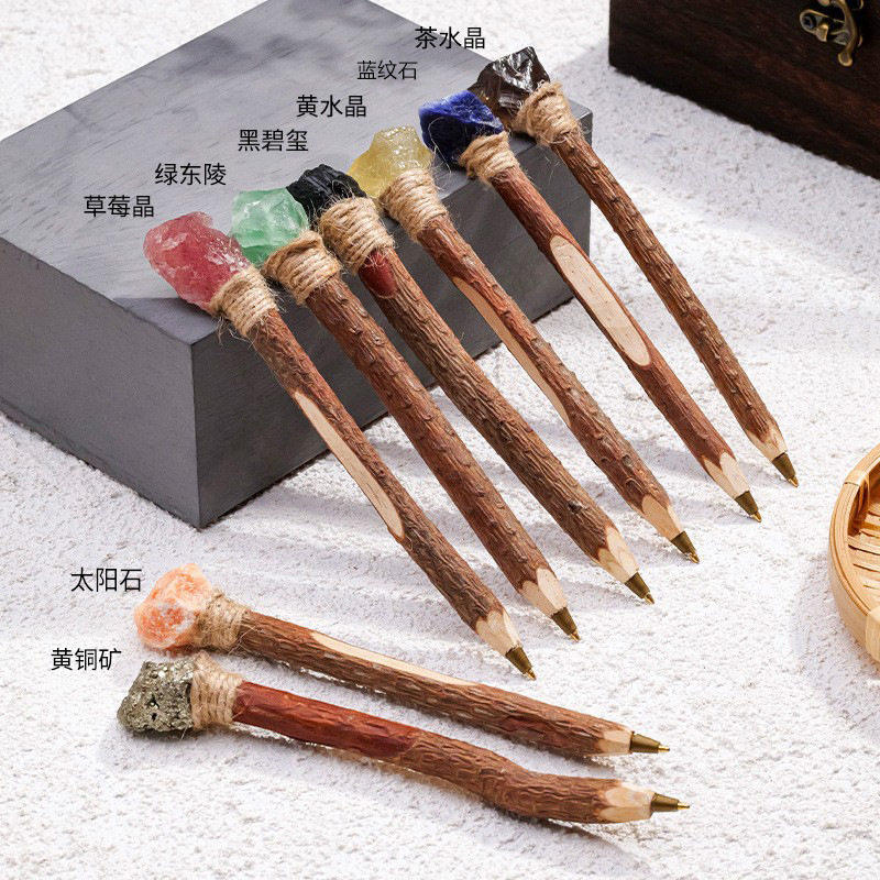 晶虫天然水晶原石魔法笔环保木质圆珠笔工艺品权杖签字笔原木水晶